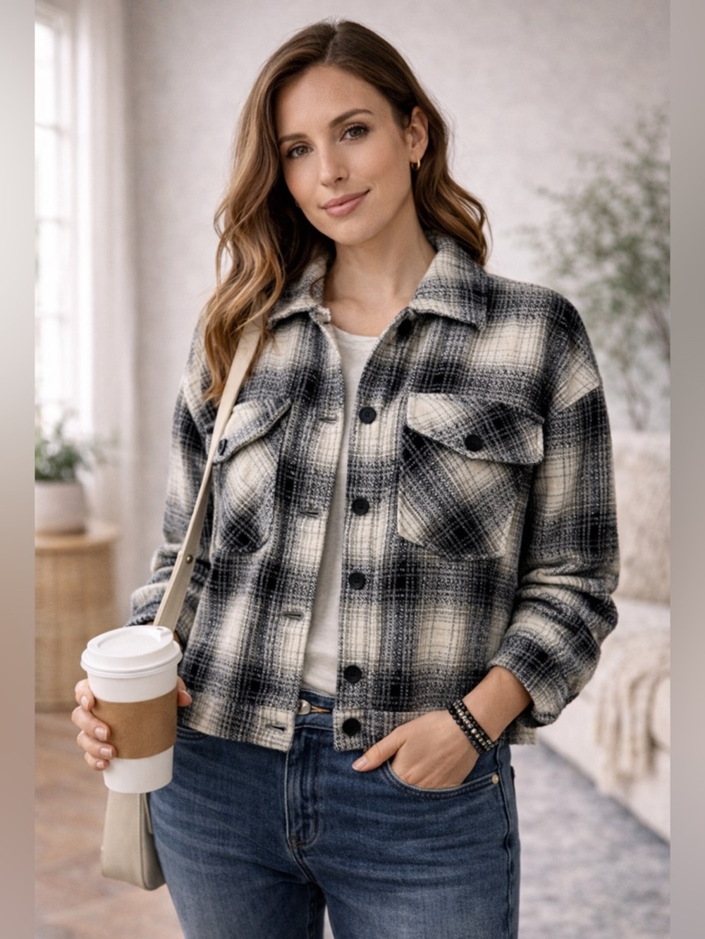 Boston Traders Plaid Utility Jacket M Black White Lightweight Spring Shacket